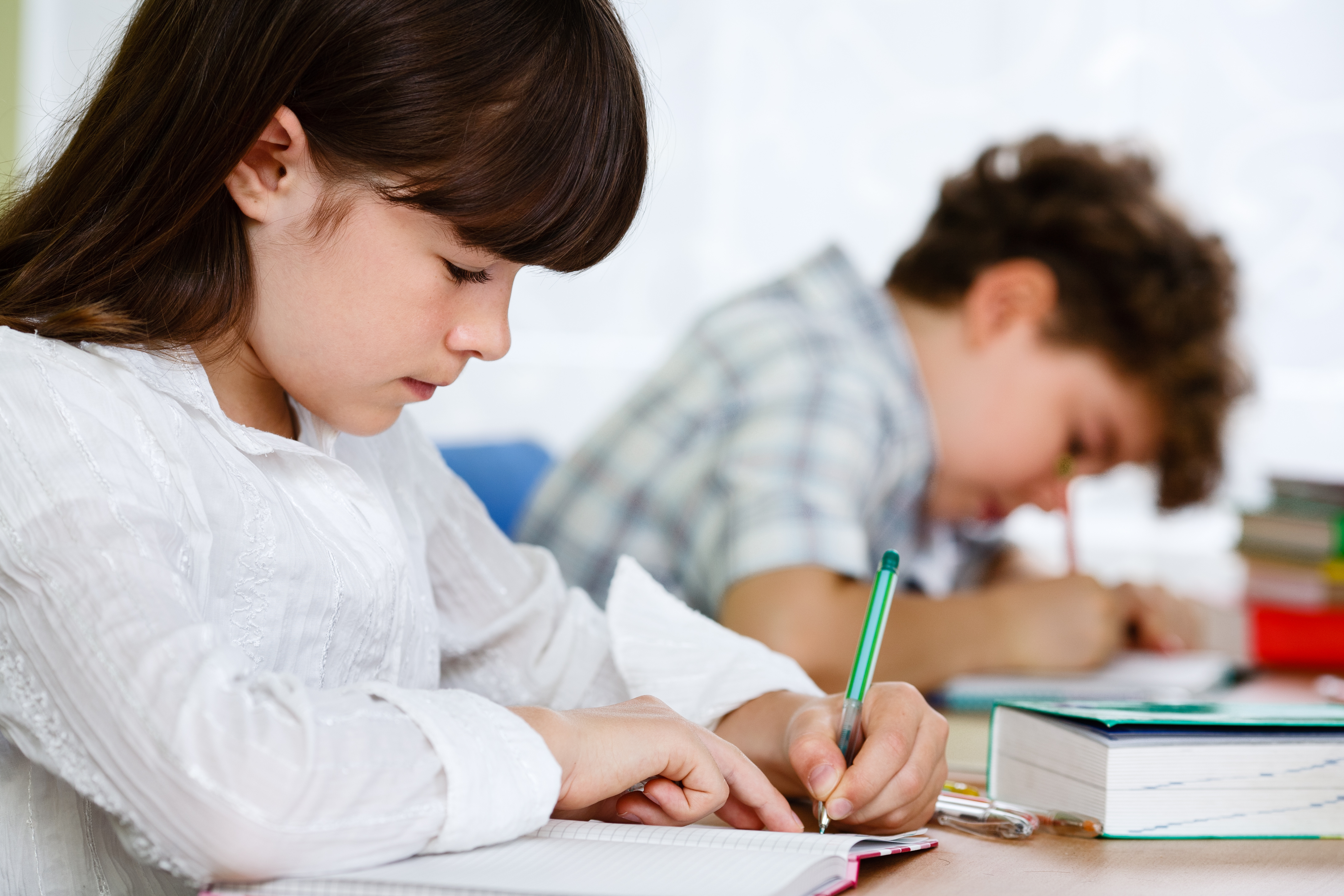 Girl and boy writing notes from textbooks