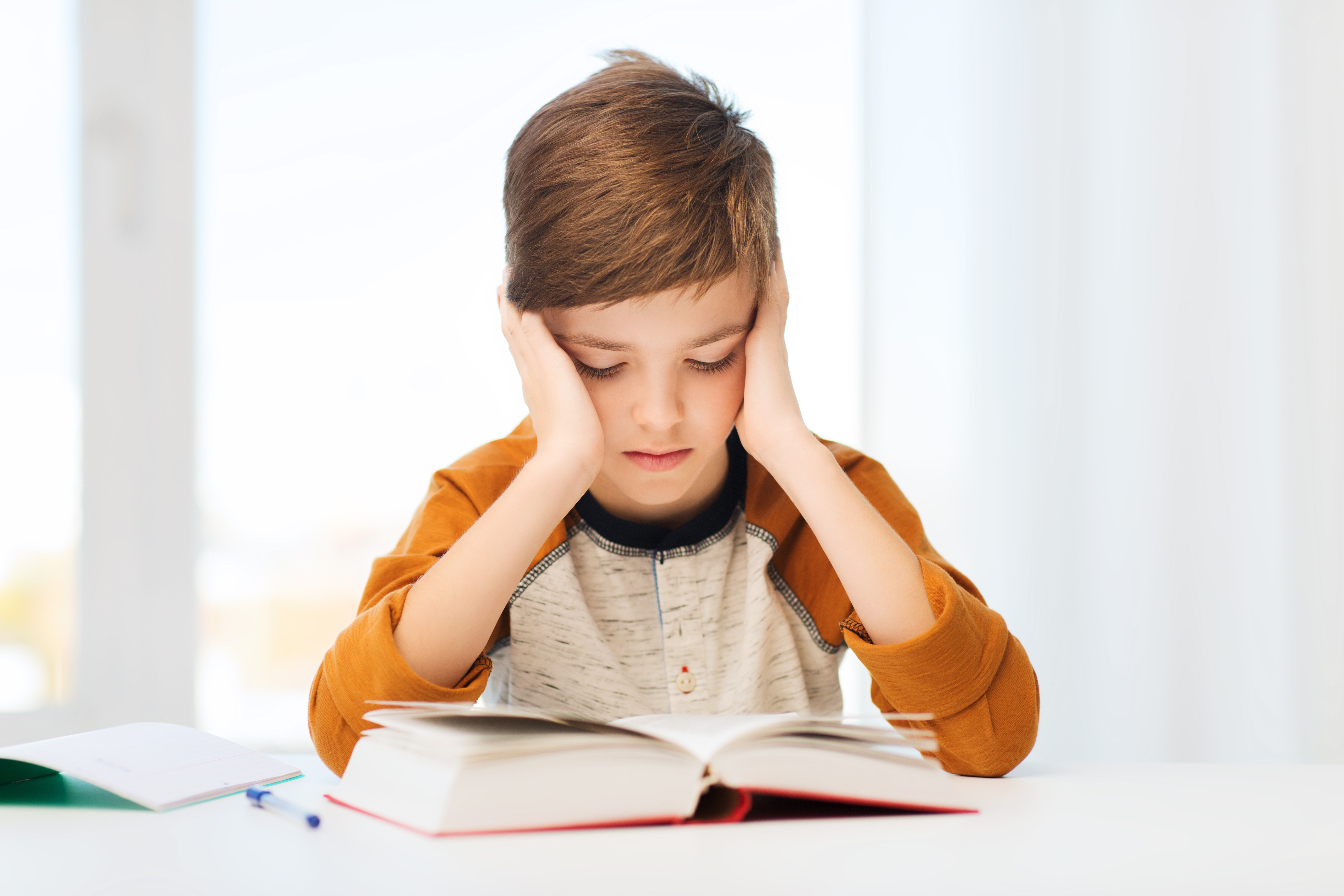 student boy reading book or textbook at home